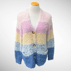 John Paul Richard Fuzzy Colorblock Cardigan Tunic Sweater Long Sleeves